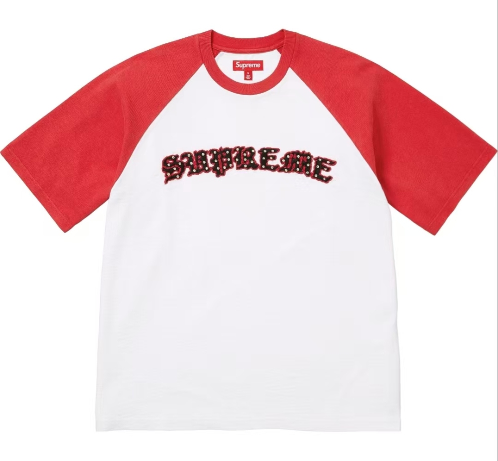 Supreme SS26 Week 5 Rhinestone Raglan Short Sleeve Tee - Unisex Embroidered Crewneck