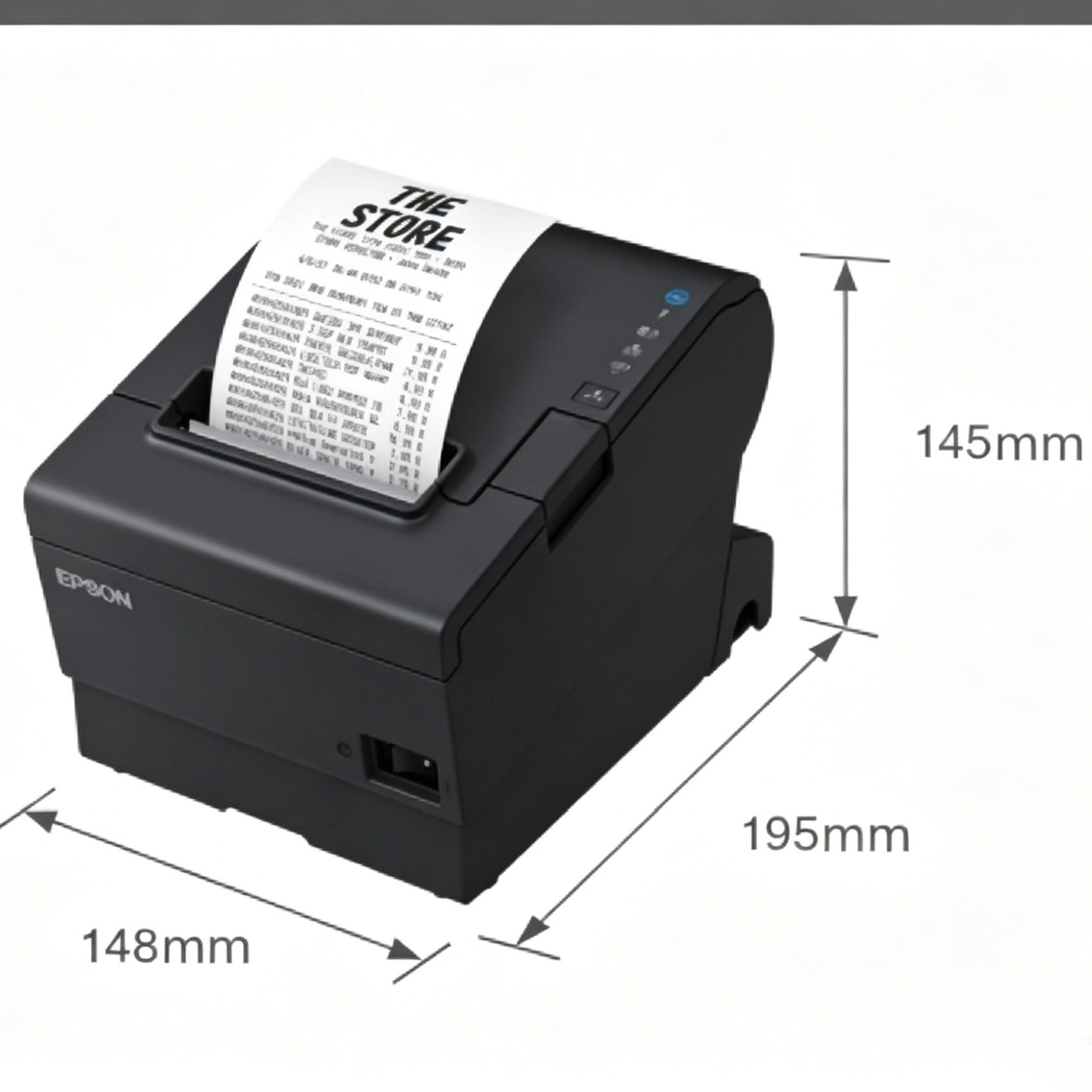Epson TM-T88VII thermal printer dimension diagram, compact size 148 195 145mm, 80mm POS receipt printer physical size drawing