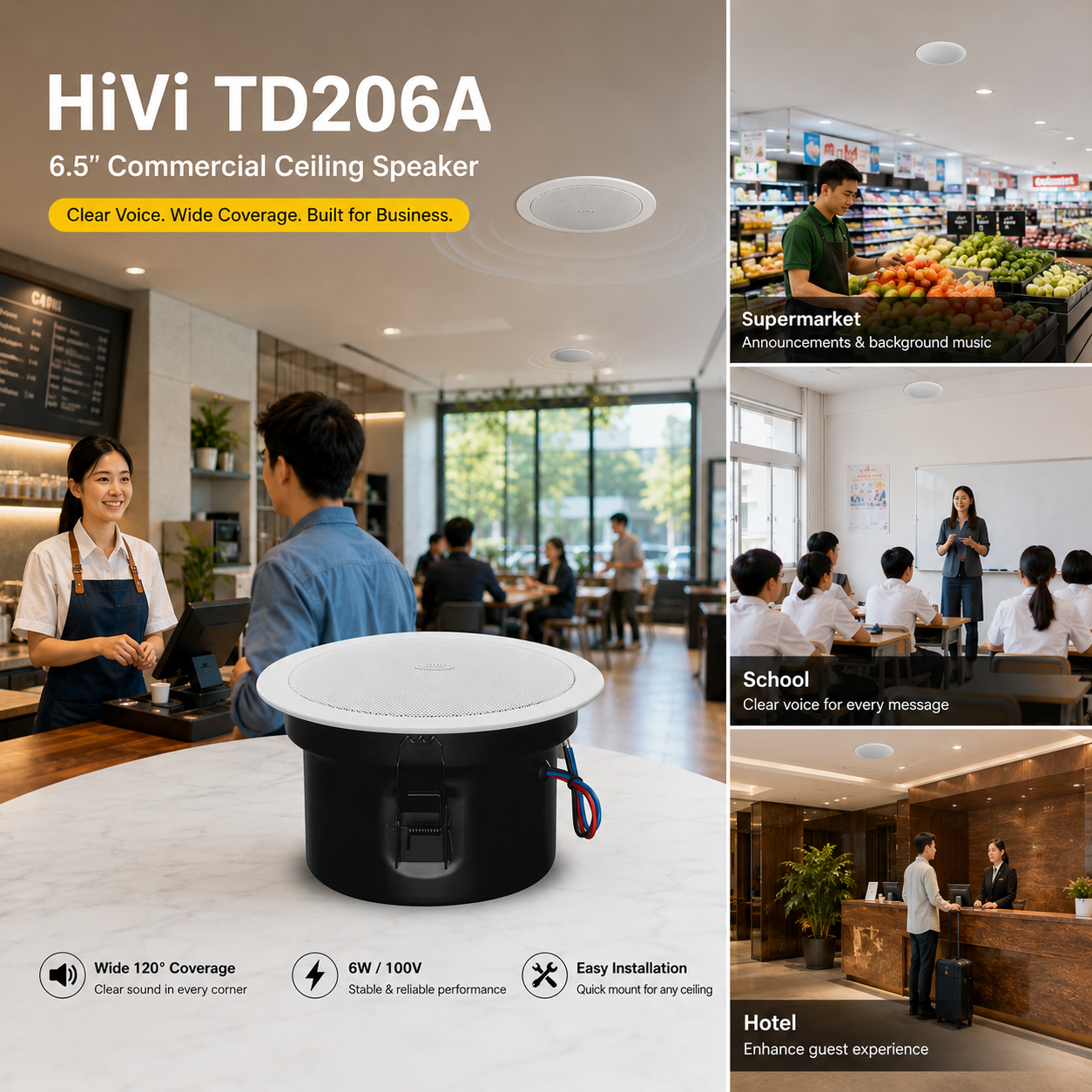 Pair of HiVi TD206A commercial speakers placed in cafe shop background music business audio solution