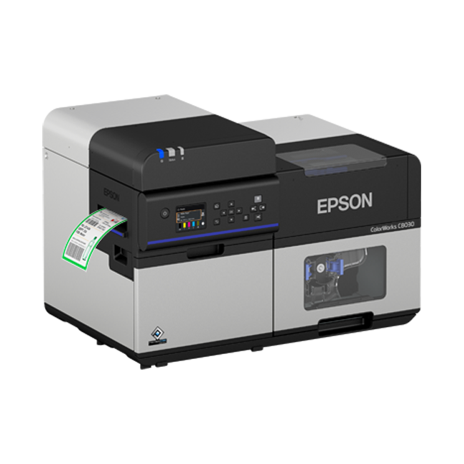 Epson CW-C8030 high-resolution color label close-up showing product information printing