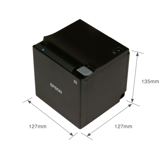 Epson TM-m30II-H product dimension diagram showing compact footprint – horizontal, vertical, and wall-mount installation options for space-saving flexibility