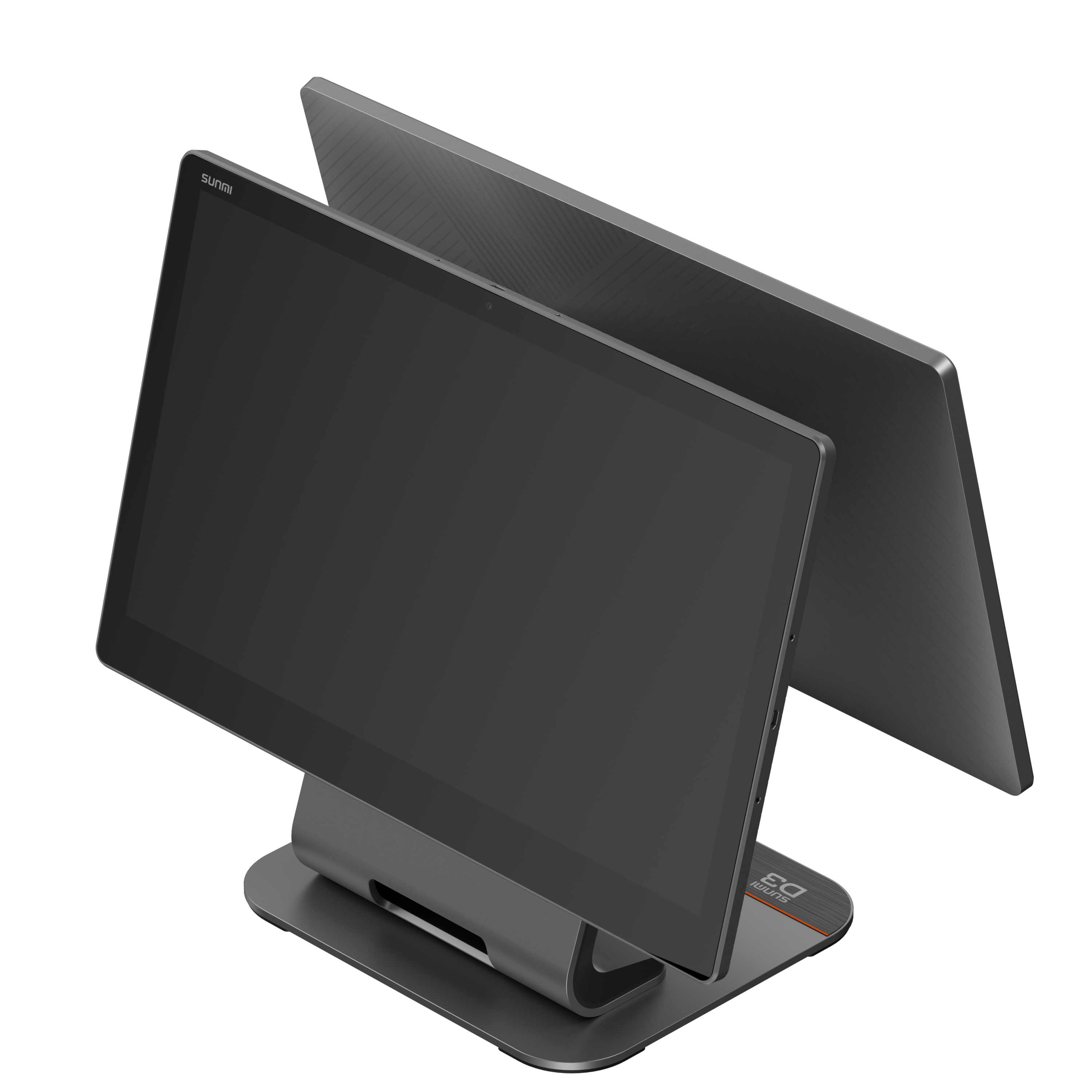 SUNMI D3 dual screen desktop POS register side view showing the overlapping profiles of main and customer displays