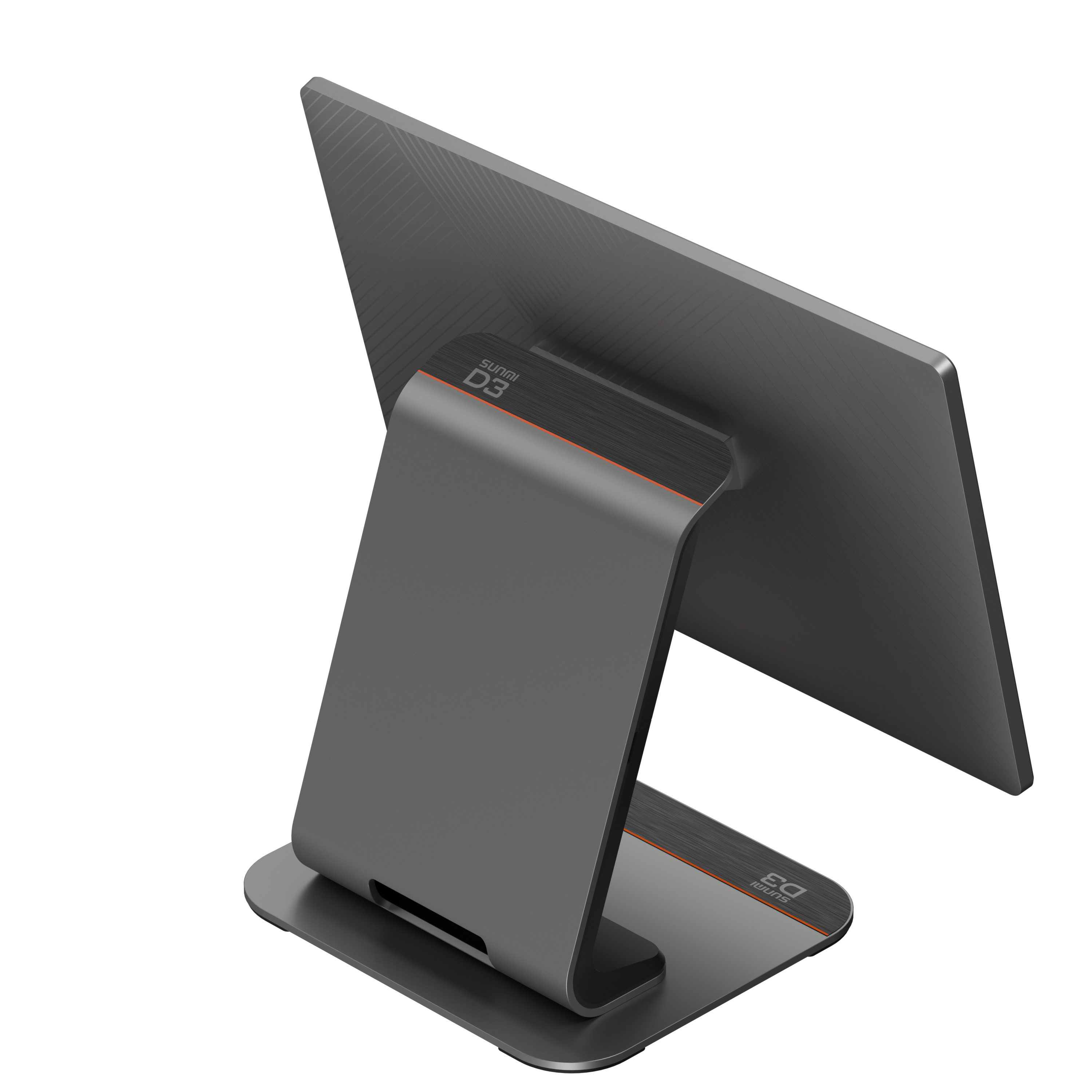 SUNMI D3 single screen POS terminal side view highlighting its slim streamlined metallic stand and adjustable tilt angles