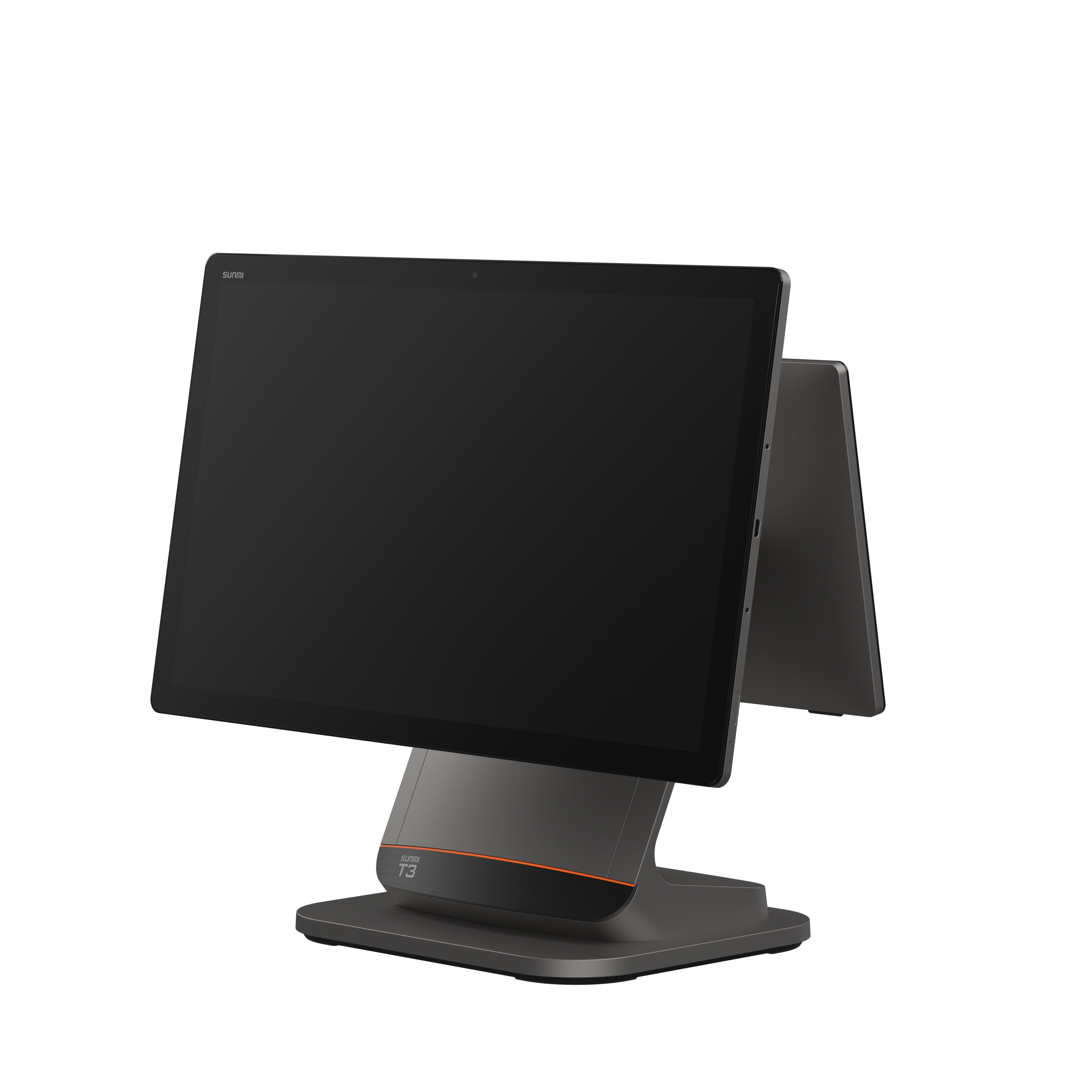 SUNMI T3 dual-screen POS register high-angle right-front view showing elegant main and customer display setup