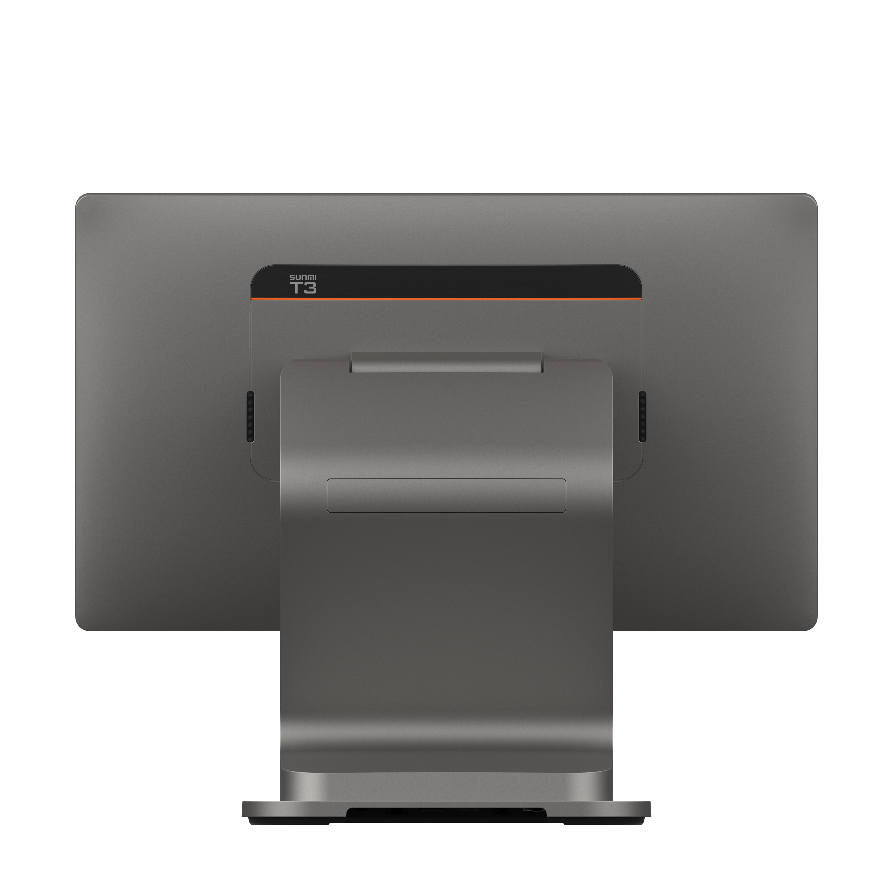 SUNMI T3 smart desktop POS terminal single screen back view highlighting all-metal Z-shaped body and hidden cable routing