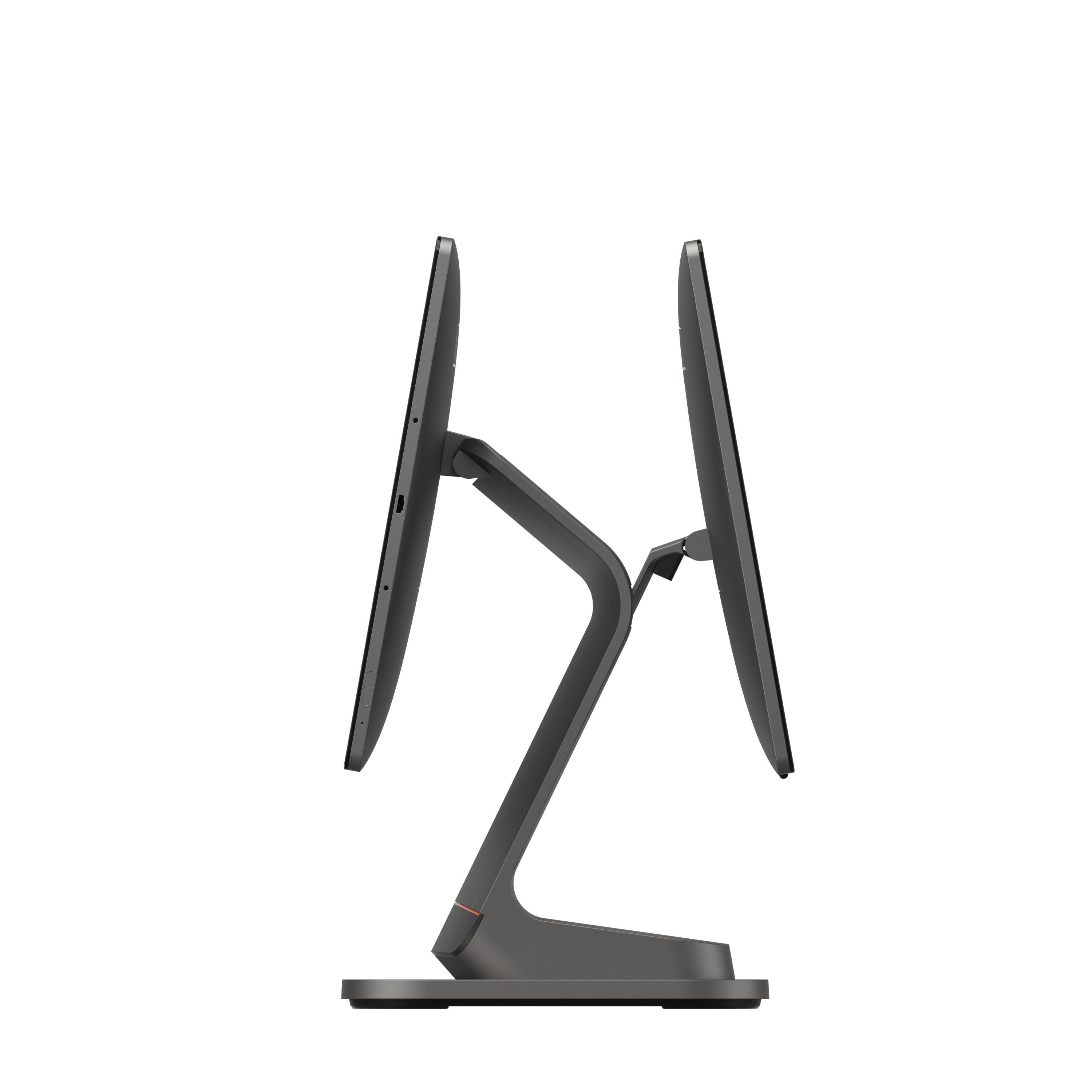 SUNMI T3 dual screen desktop POS terminal side view showing the sharp profiles of both screens and premium aluminum alloy hinges