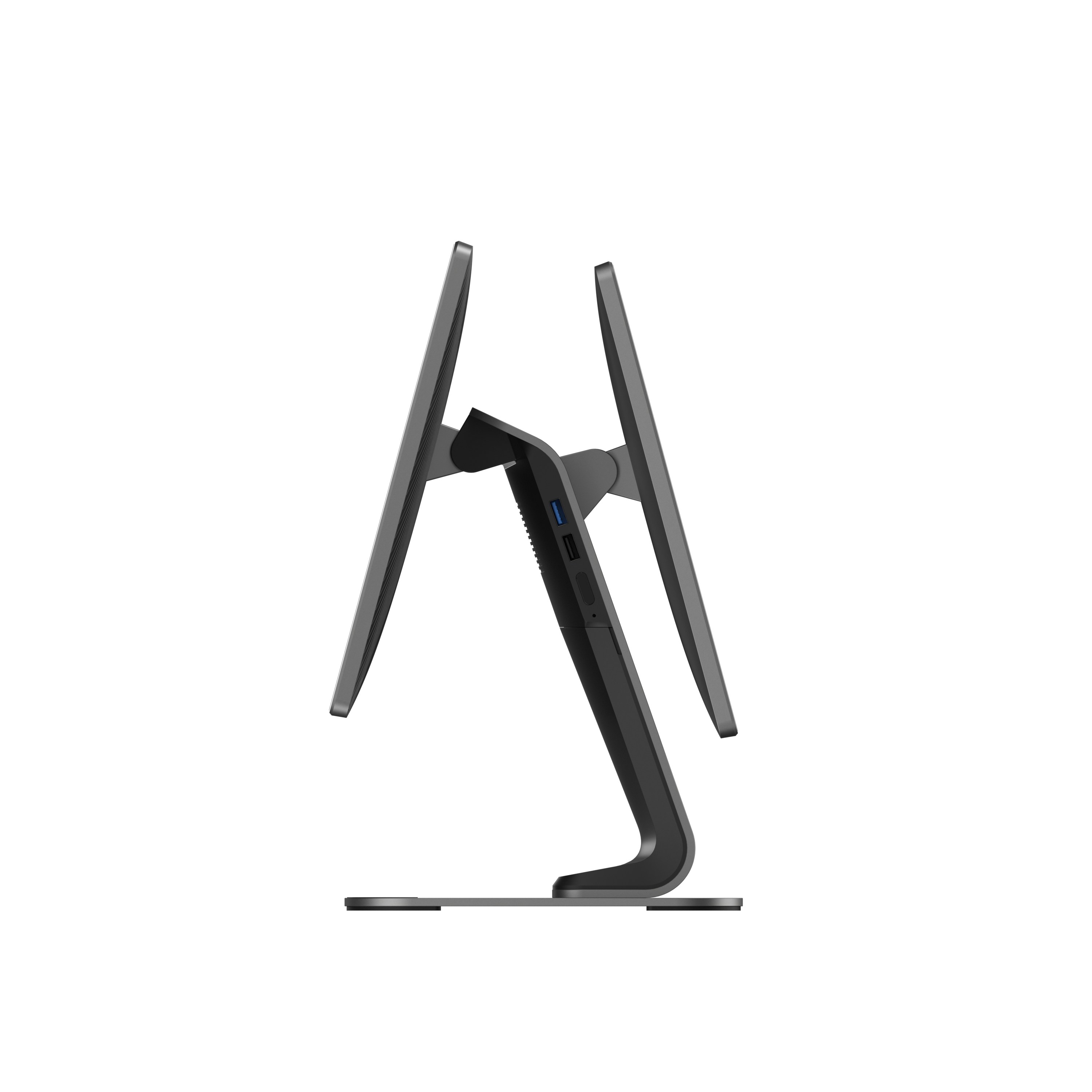 SUNMI D3 floating desktop POS register side view highlighting its slim streamlined metallic stand and tilt angles