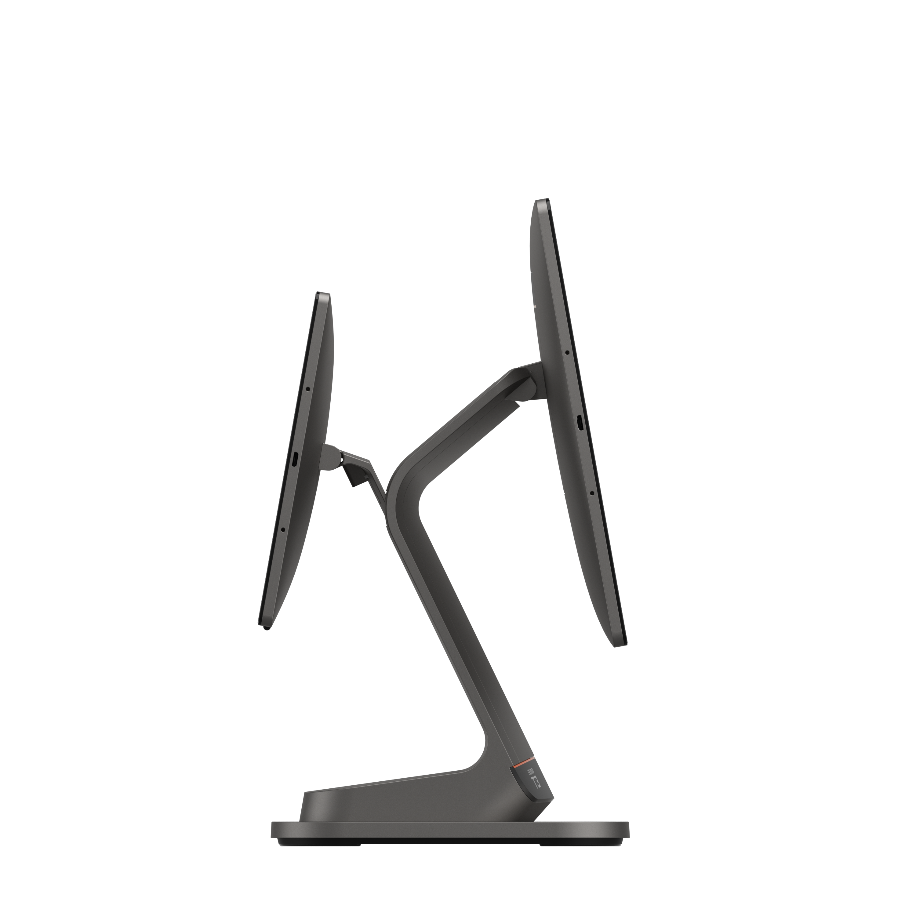 SUNMI T3 dual-screen cash register side view highlighting iconic Z-shaped all-metal body and slim screen profile