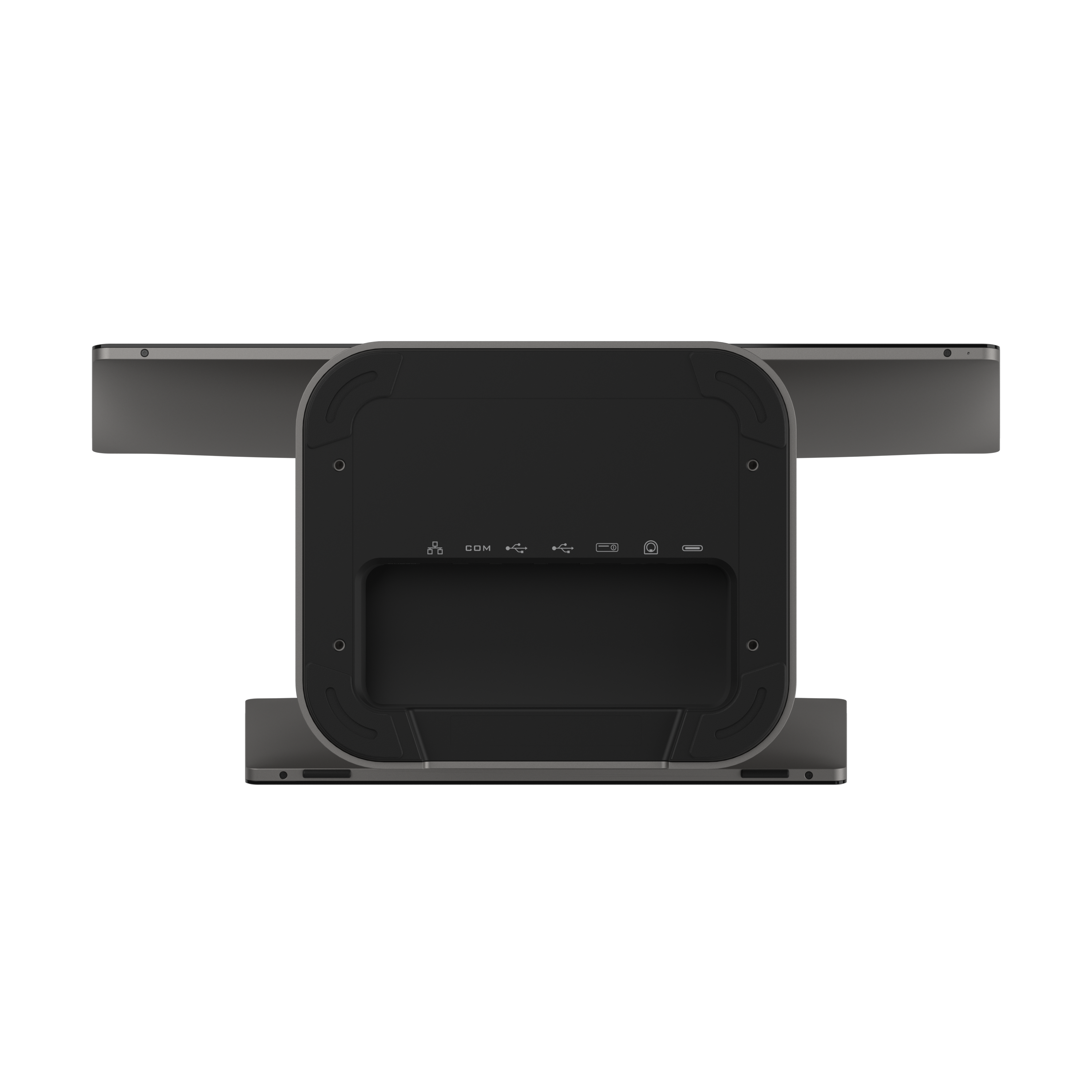 SUNMI T3 intelligent POS terminal bottom view showing heavy-duty metal base and hidden cable management tracks
