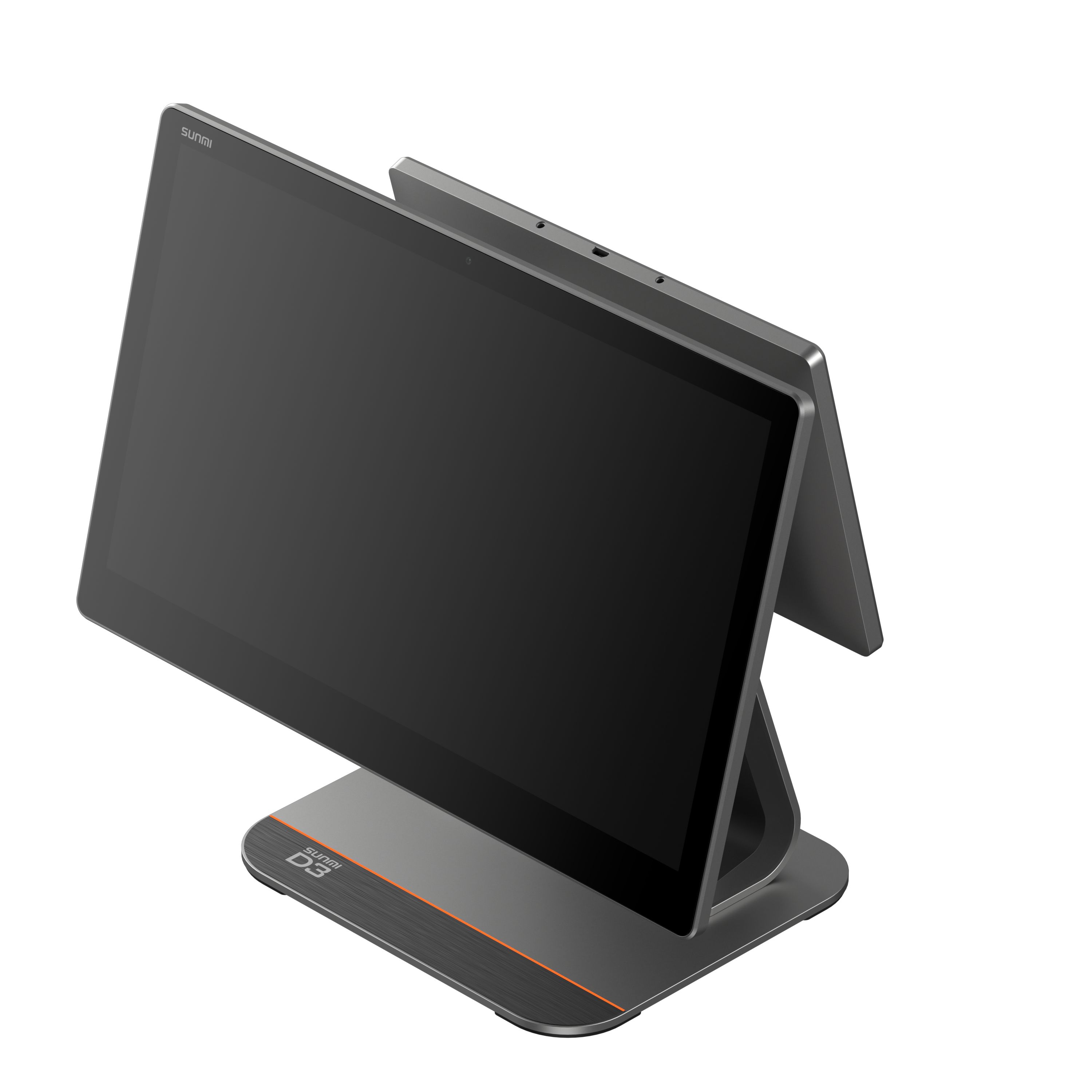 SUNMI D3 dual screen POS cash register right-front view displaying main operation screen and interactive customer display