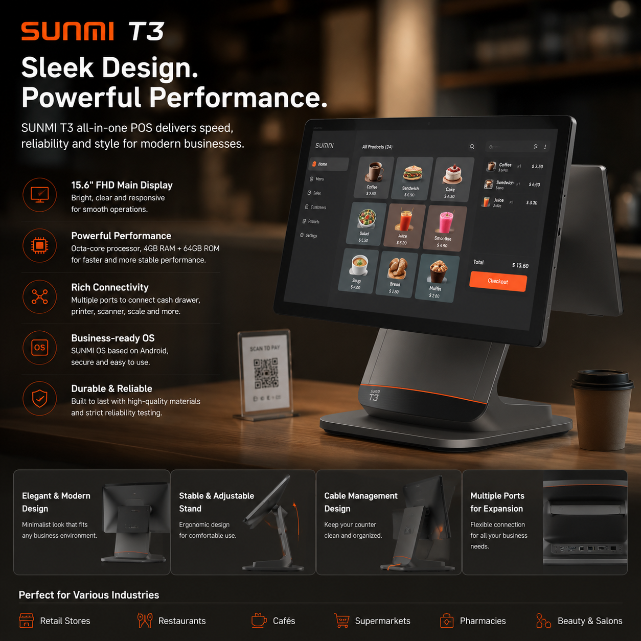 SUNMI T3 dual-screen POS displaying power button position and precision aluminum alloy hinges