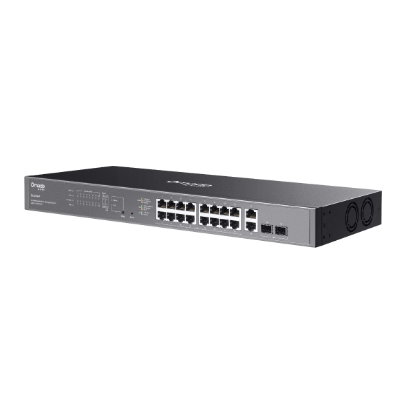 Front View of TP-Link Omada ES220GMP 16-Port PoE+ Managed Switch