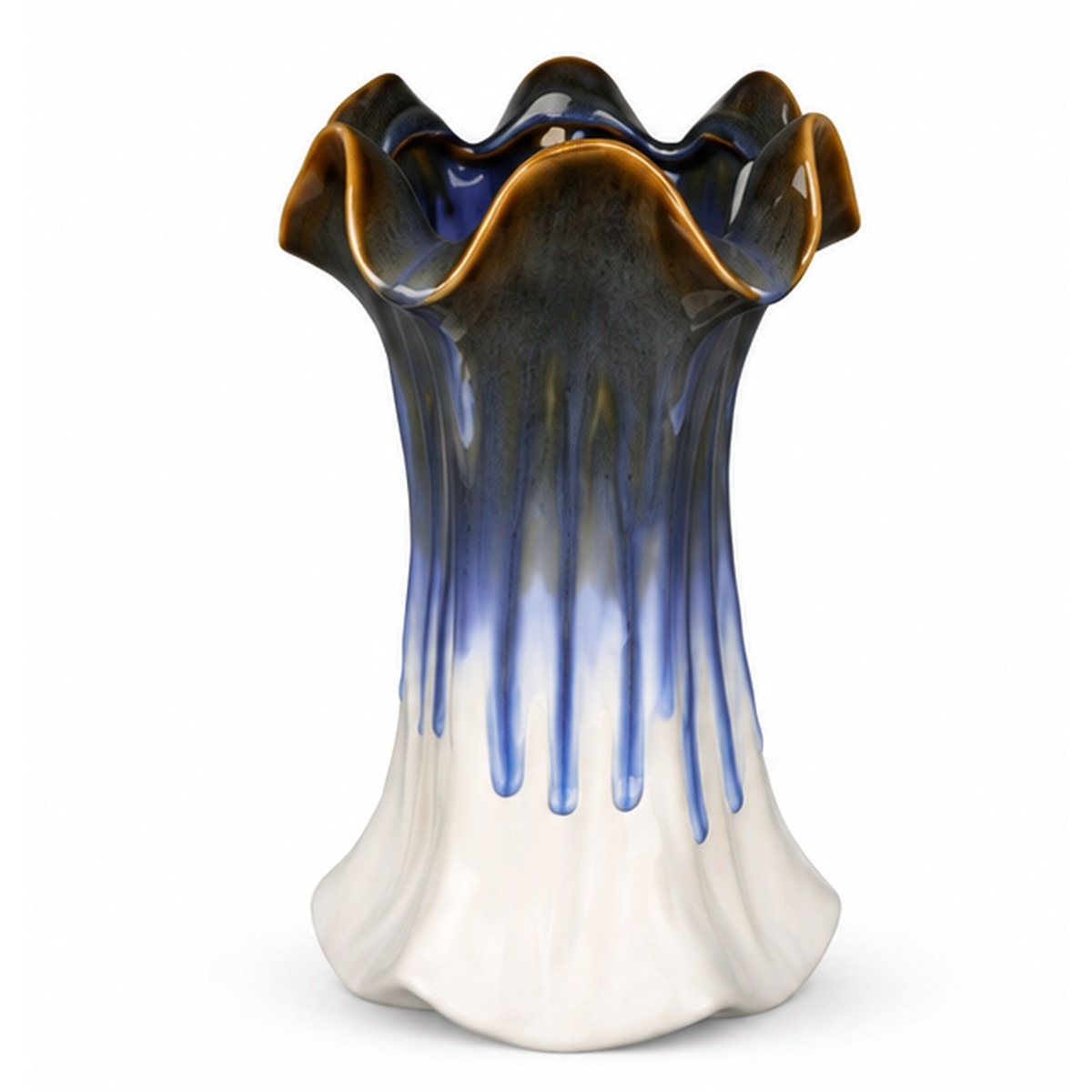 Tall Ruffled Blue Drip Ceramic Floral Vessel