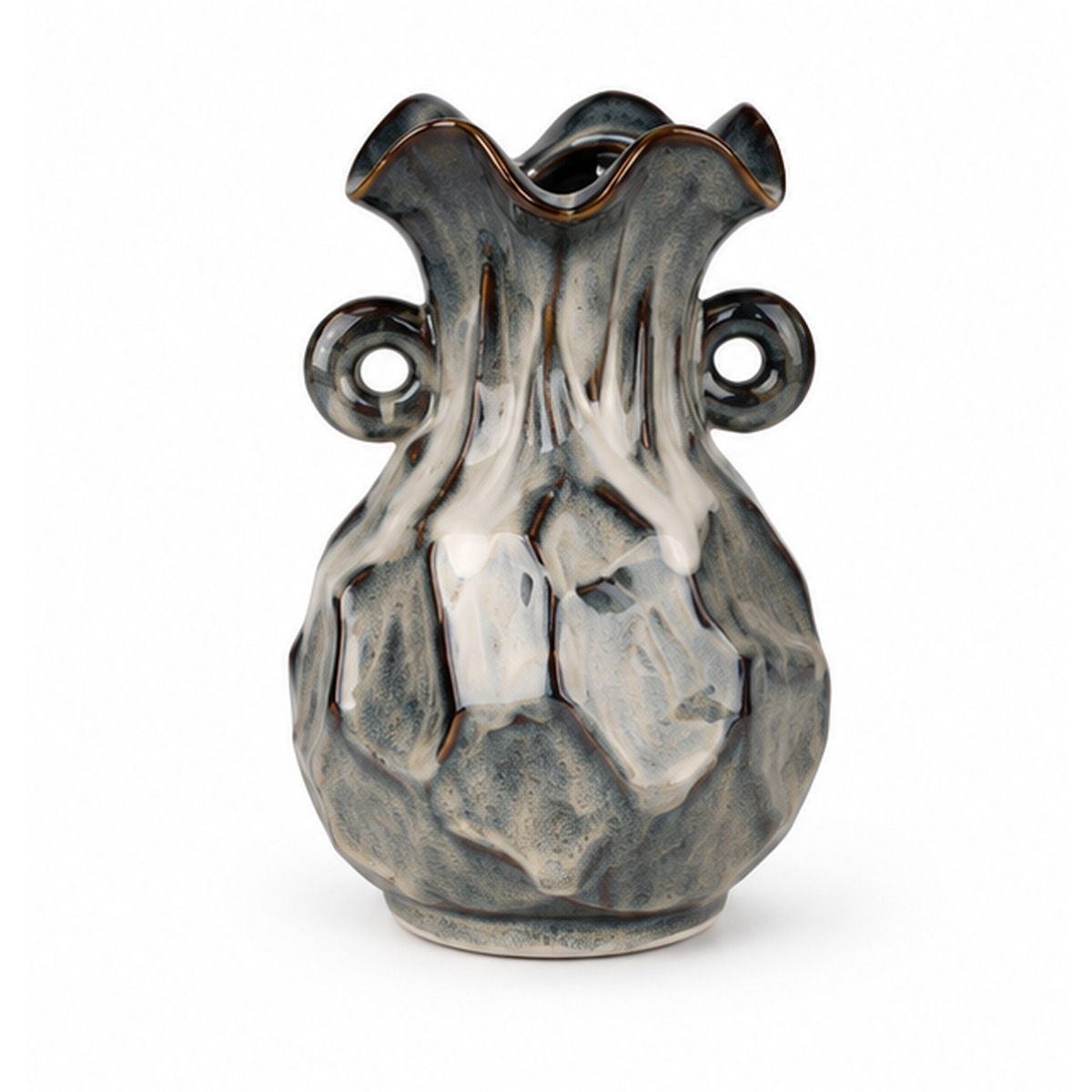 Double-Handle Charcoal Rock-Texture Ceramic Floral Vessel – ATW-S252315-B – LH Homecraft