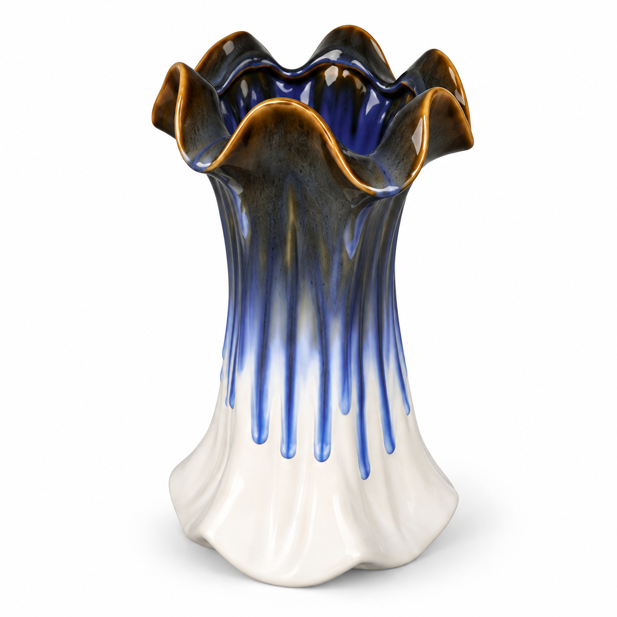 Tall Ruffled Blue Drip Ceramic Floral Vessel