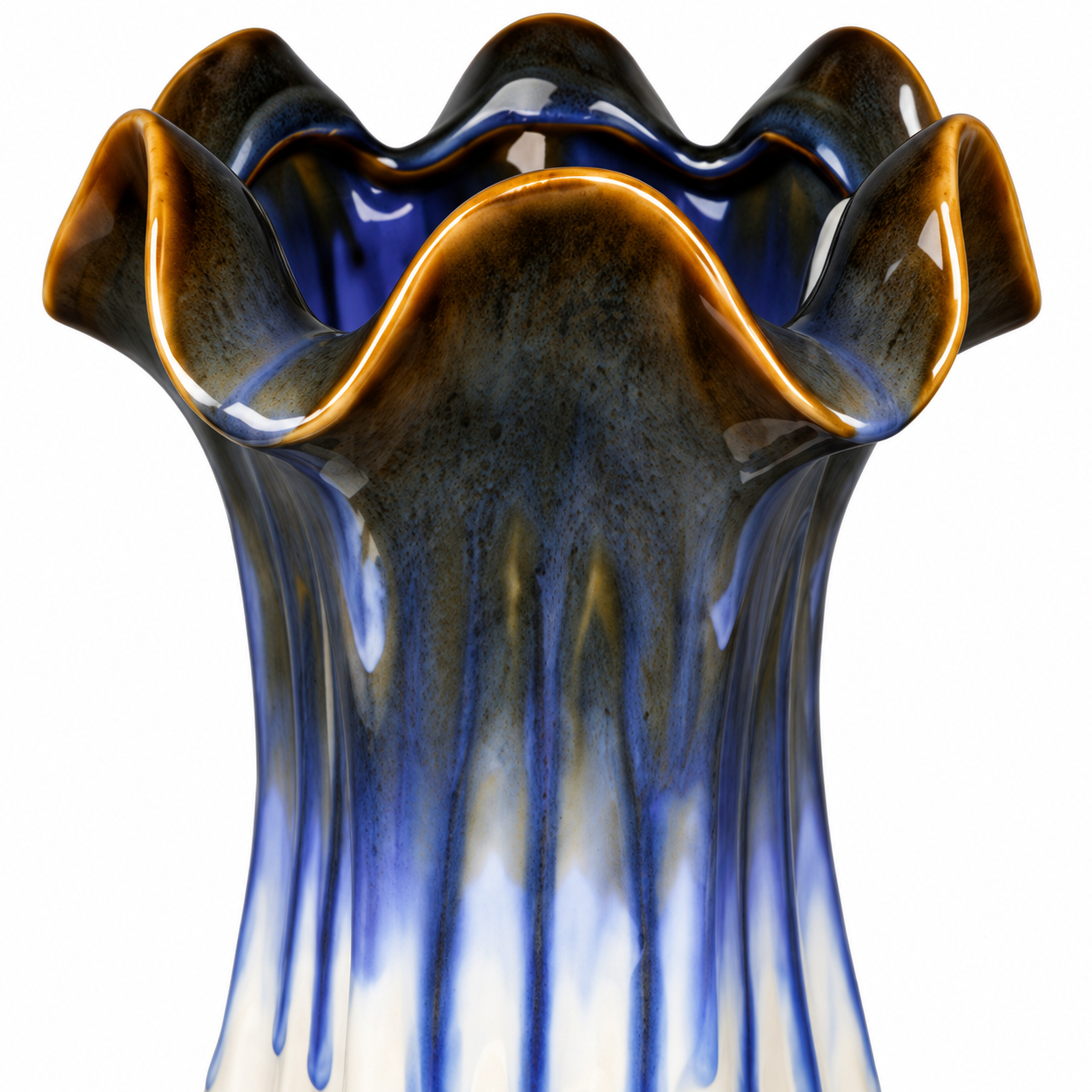 Tall Ruffled Blue Drip Ceramic Floral Vessel