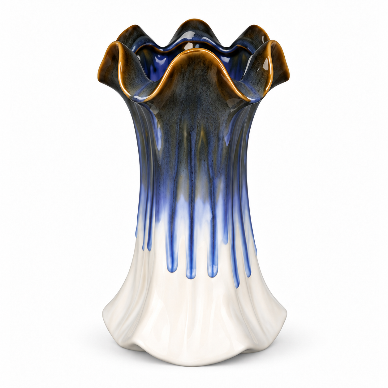 Tall Ruffled Blue Drip Ceramic Floral Vessel &ndash; front reference view &ndash; ATW-S252314-A &ndash; LH Homecraft