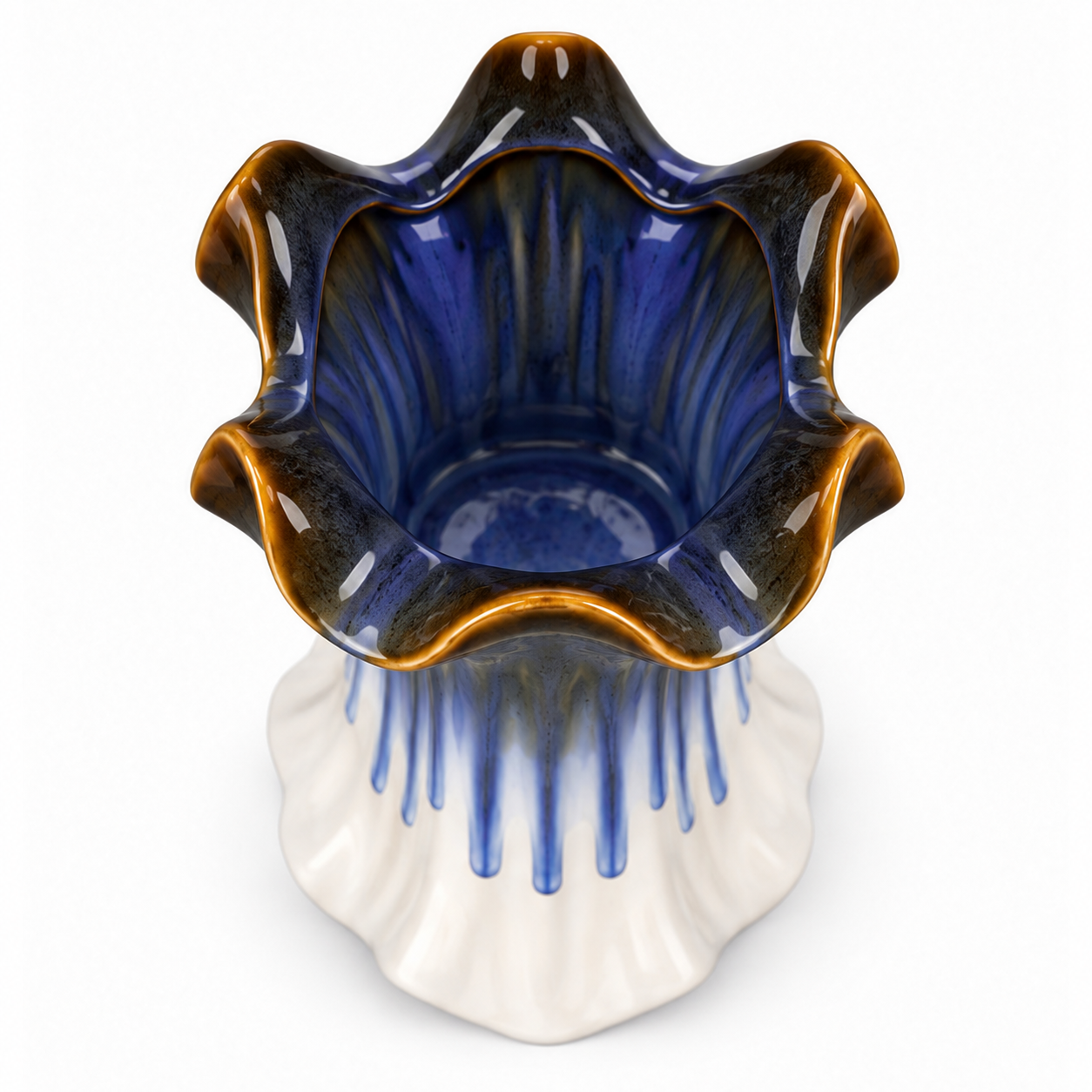 Tall Ruffled Blue Drip Ceramic Floral Vessel &ndash; top reference view &ndash; ATW-S252314-A &ndash; LH Homecraft