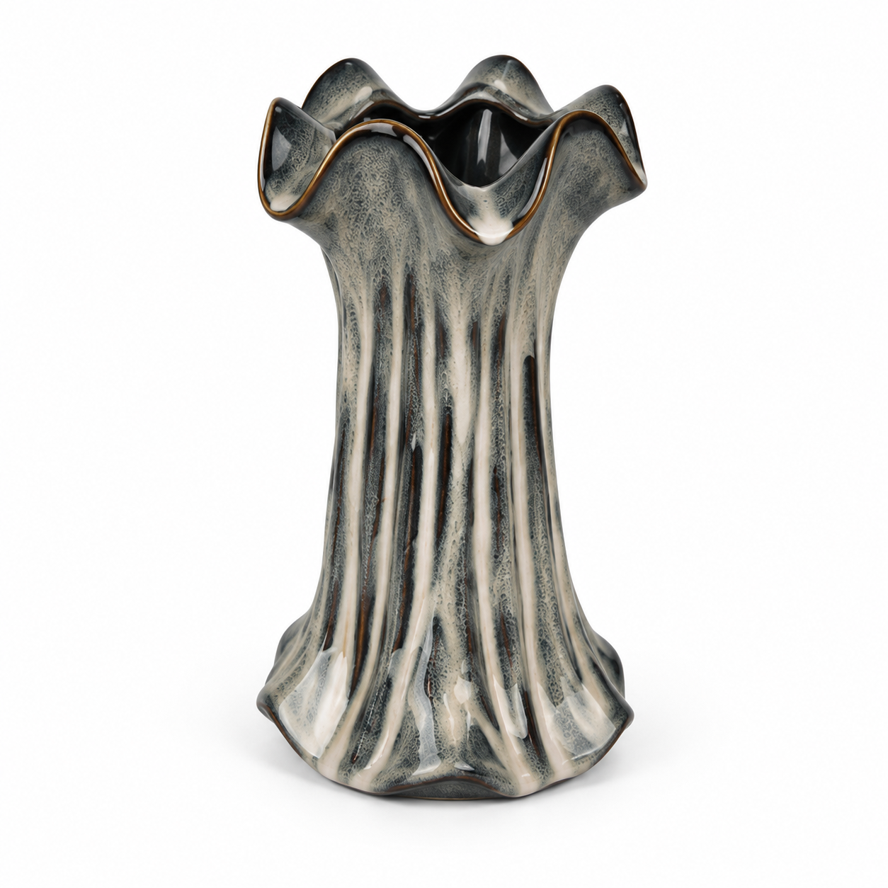 Tall Ribbed Charcoal Ceramic Floral Vessel &ndash; 45-degree reference view &ndash; ATW-S252314-B &ndash; LH Homecraft