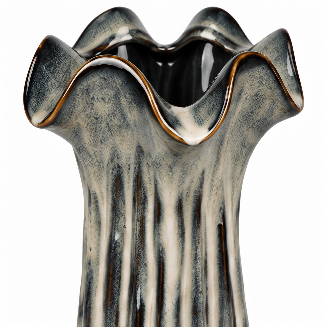 Tall Ribbed Charcoal Ceramic Floral Vessel &ndash; glaze detail reference view &ndash; ATW-S252314-B &ndash; LH Homecraft