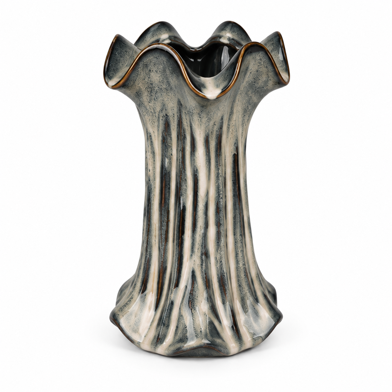 Tall Ribbed Charcoal Ceramic Floral Vessel &ndash; front reference view &ndash; ATW-S252314-B &ndash; LH Homecraft