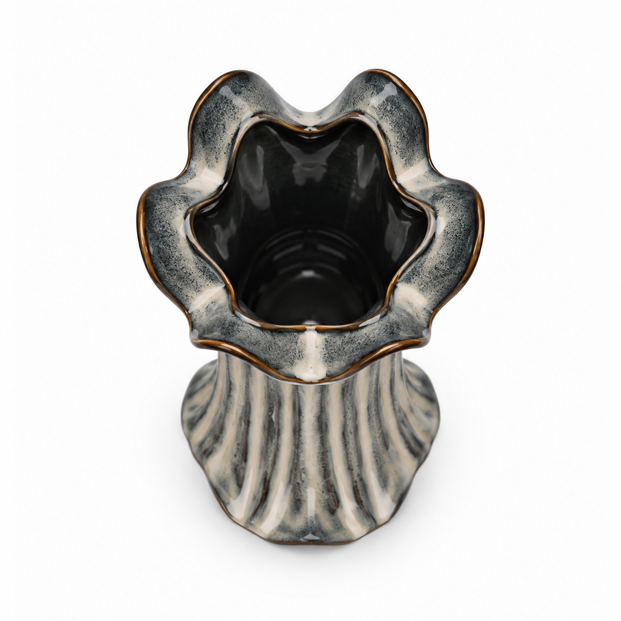 Tall Ribbed Charcoal Ceramic Floral Vessel &ndash; top reference view &ndash; ATW-S252314-B &ndash; LH Homecraft