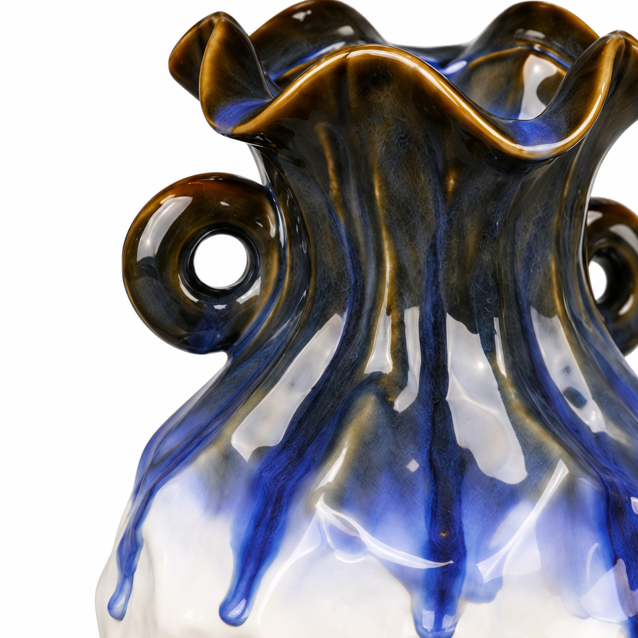 Double-Handle Blue Drip Ceramic Floral Vessel