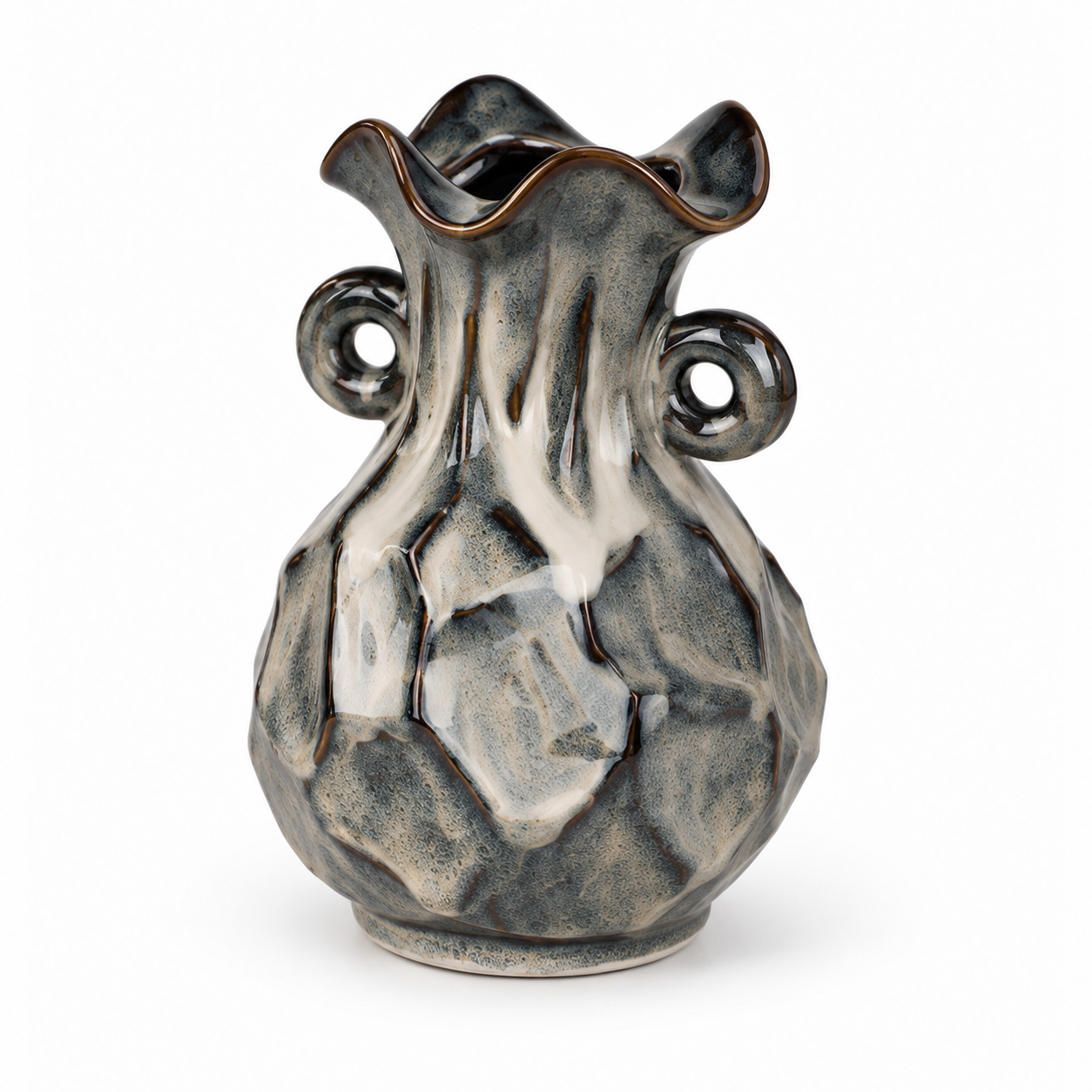 Double-Handle Charcoal Rock-Texture Ceramic Floral Vessel &ndash; 45-degree reference view &ndash; ATW-S252315-B &ndash; LH Homecraft
