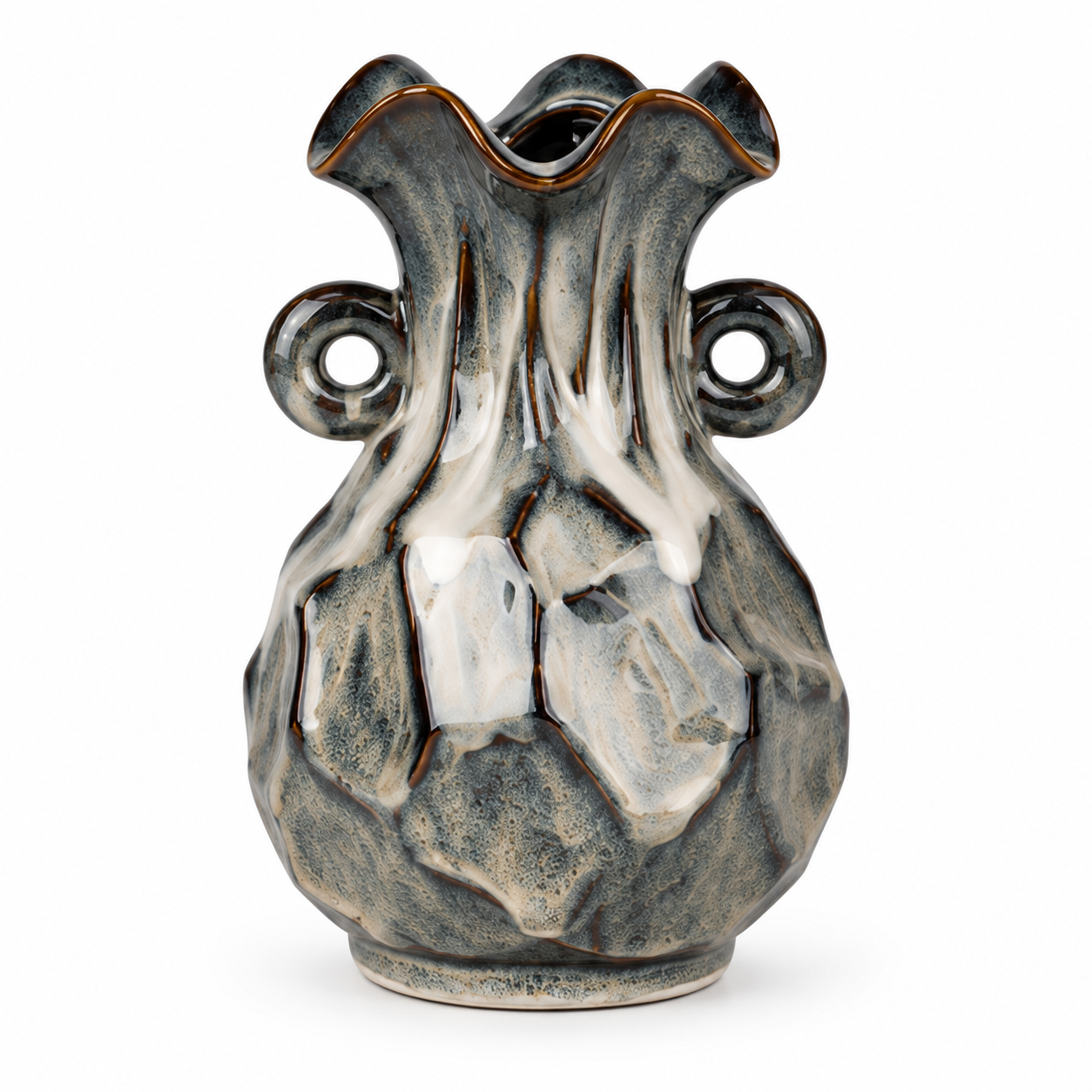 Double-Handle Charcoal Rock-Texture Ceramic Floral Vessel