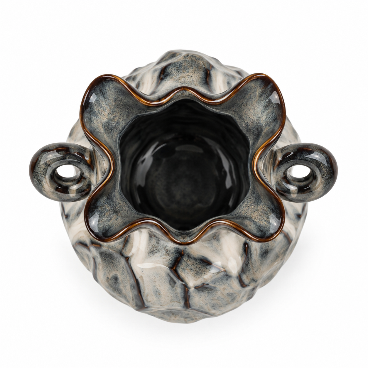 Double-Handle Charcoal Rock-Texture Ceramic Floral Vessel &ndash; top reference view &ndash; ATW-S252315-B &ndash; LH Homecraft
