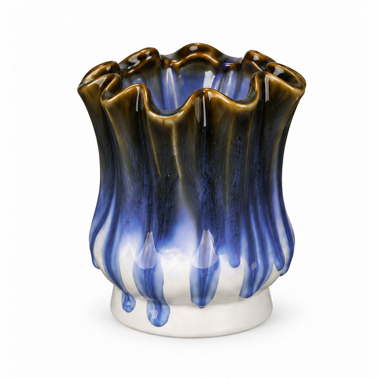 Petite Ruffled Blue Drip Ceramic Floral Vessel &ndash; 45-degree reference view &ndash; ATW-S252316-A &ndash; LH Homecraft