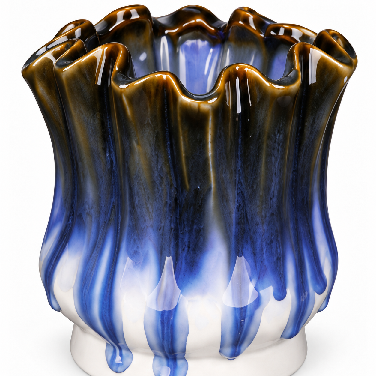 Petite Ruffled Blue Drip Ceramic Floral Vessel