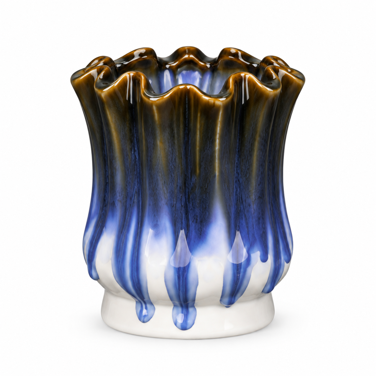 Petite Ruffled Blue Drip Ceramic Floral Vessel &ndash; front reference view &ndash; ATW-S252316-A &ndash; LH Homecraft