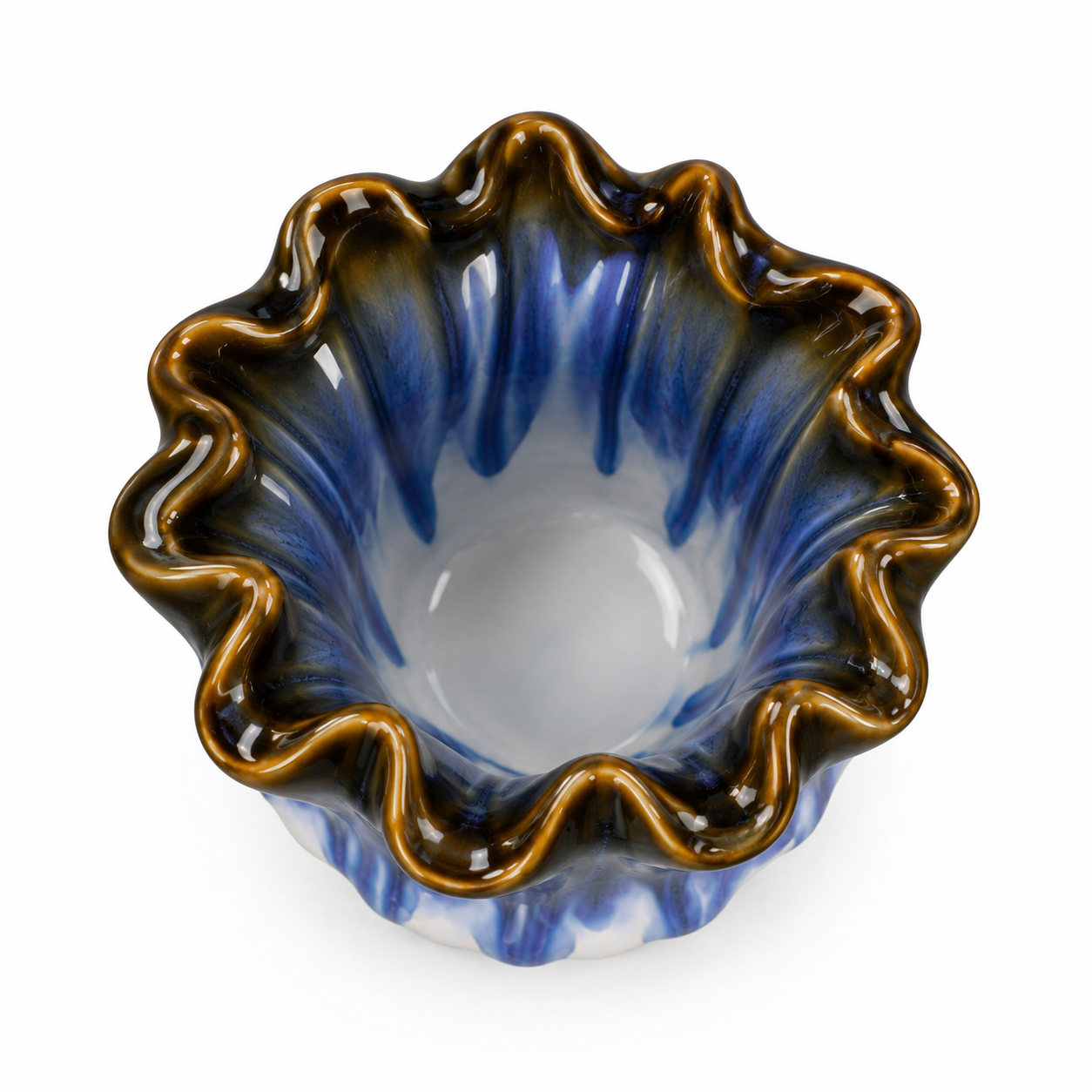 Petite Ruffled Blue Drip Ceramic Floral Vessel &ndash; top reference view &ndash; ATW-S252316-A &ndash; LH Homecraft