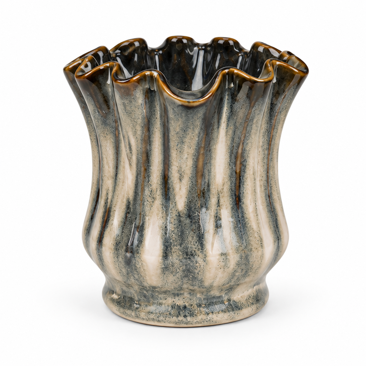 Petite Ribbed Charcoal Ceramic Floral Vessel &ndash; front reference view &ndash; ATW-S252316-B &ndash; LH Homecraft