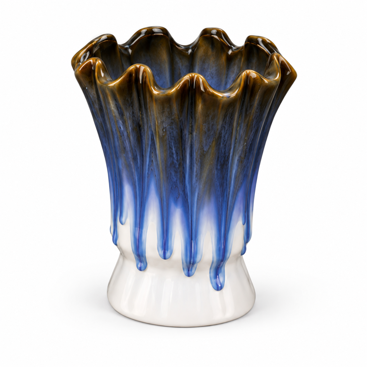 Fluted Blue Drip Ceramic Floral Vessel &ndash; 45-degree reference view &ndash; ATW-S252317-A &ndash; LH Homecraft