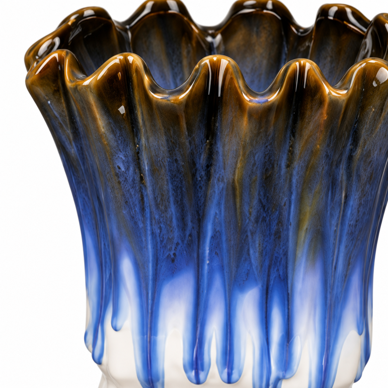 Fluted Blue Drip Ceramic Floral Vessel &ndash; glaze detail reference view &ndash; ATW-S252317-A &ndash; LH Homecraft