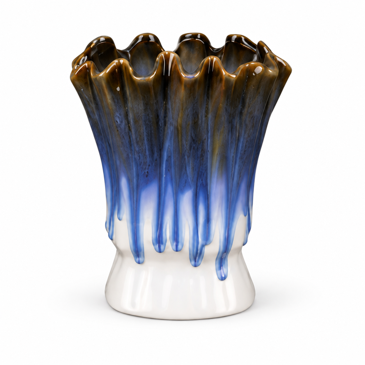 Fluted Blue Drip Ceramic Floral Vessel &ndash; front reference view &ndash; ATW-S252317-A &ndash; LH Homecraft