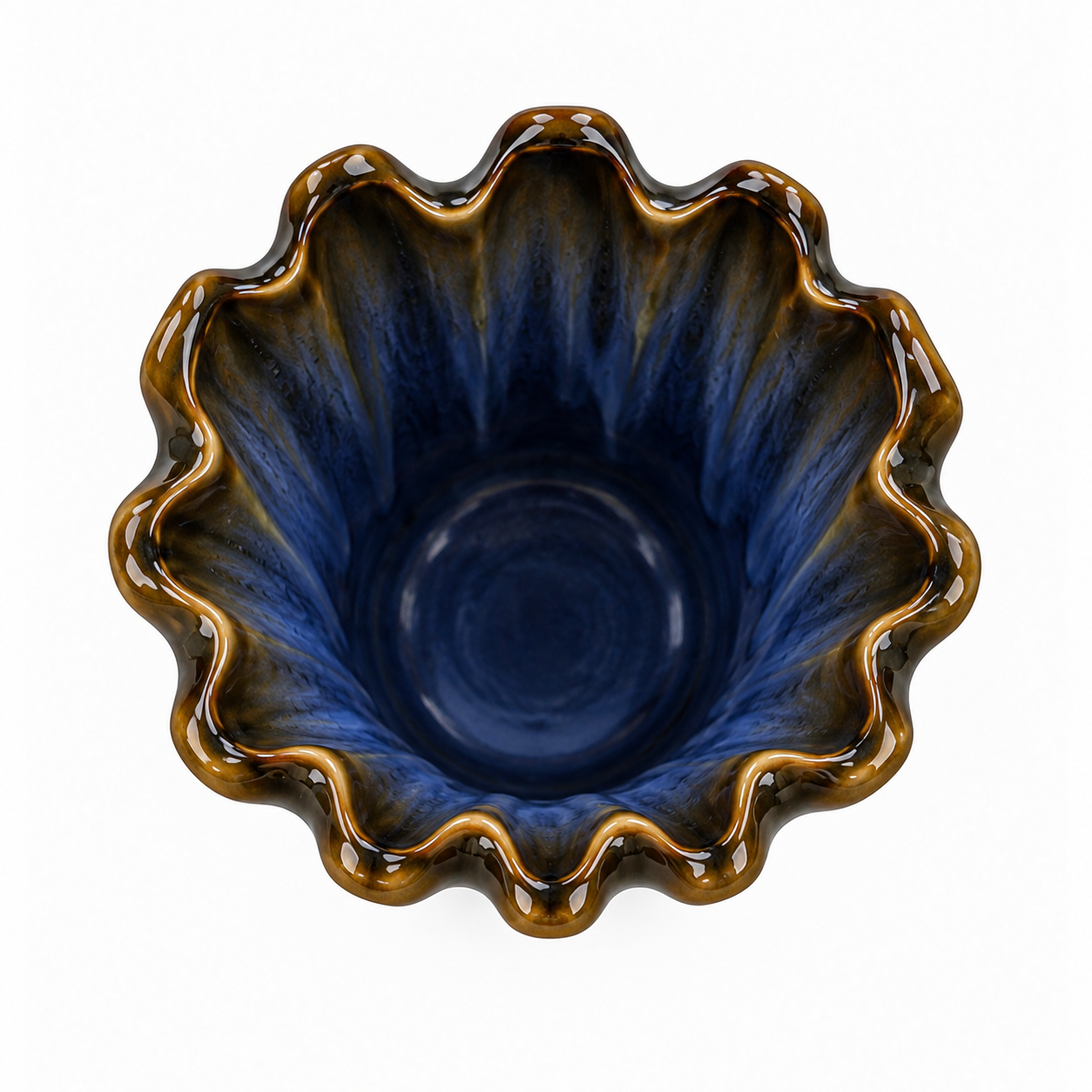 Fluted Blue Drip Ceramic Floral Vessel