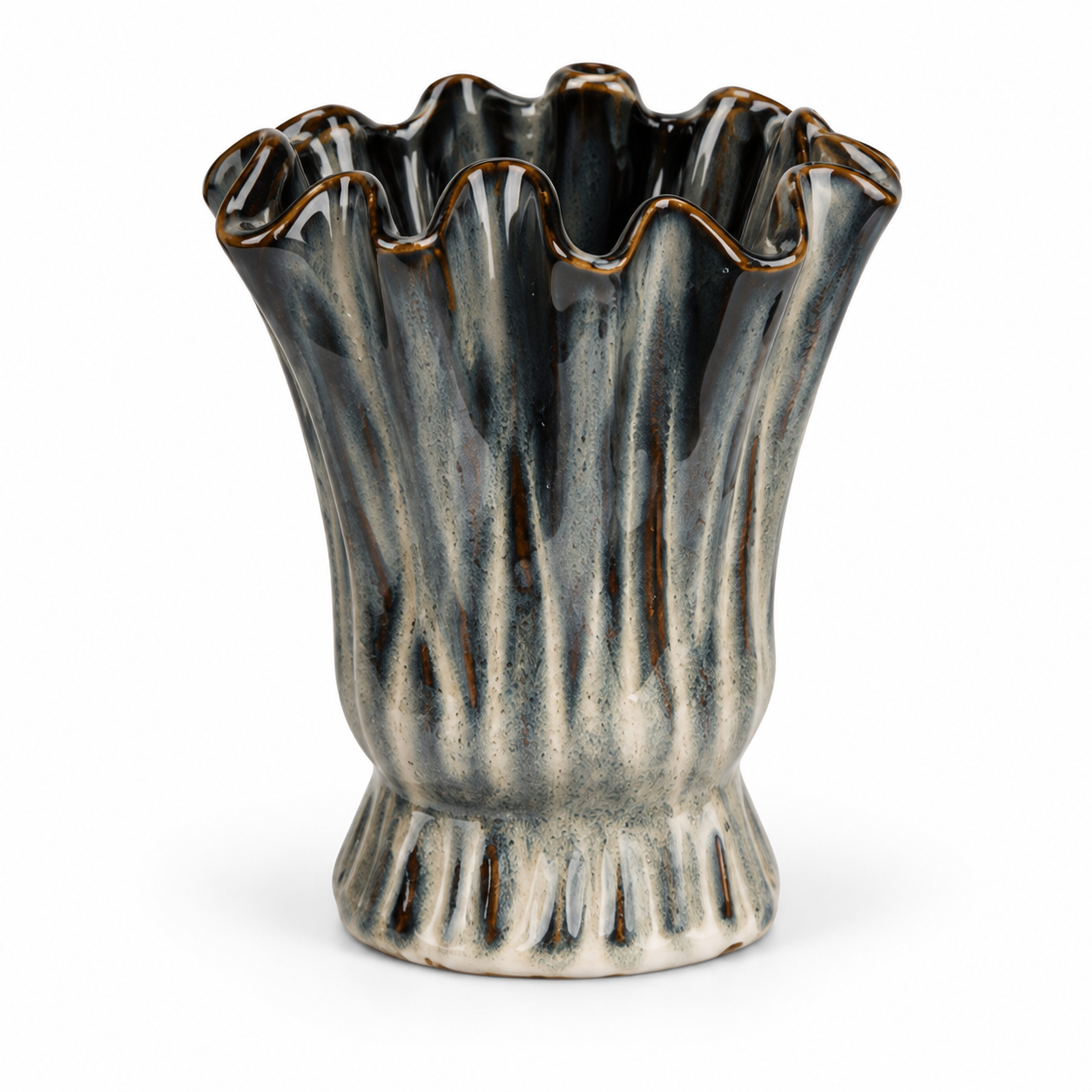 Fluted Charcoal Ceramic Floral Vessel