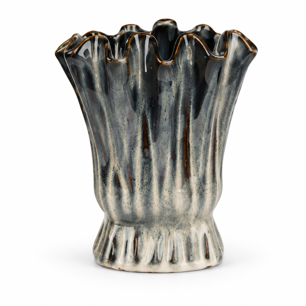 Fluted Charcoal Ceramic Floral Vessel &ndash; front reference view &ndash; ATW-S252317-B &ndash; LH Homecraft