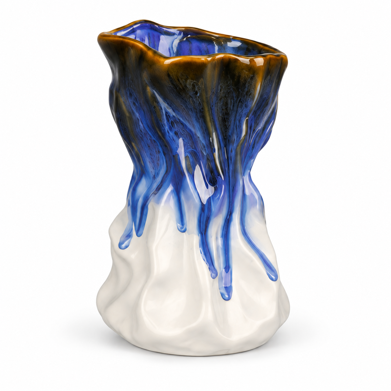 Sculptural Blue Drip Ceramic Floral Vessel &ndash; 45-degree reference view &ndash; ATW-S252318-A &ndash; LH Homecraft