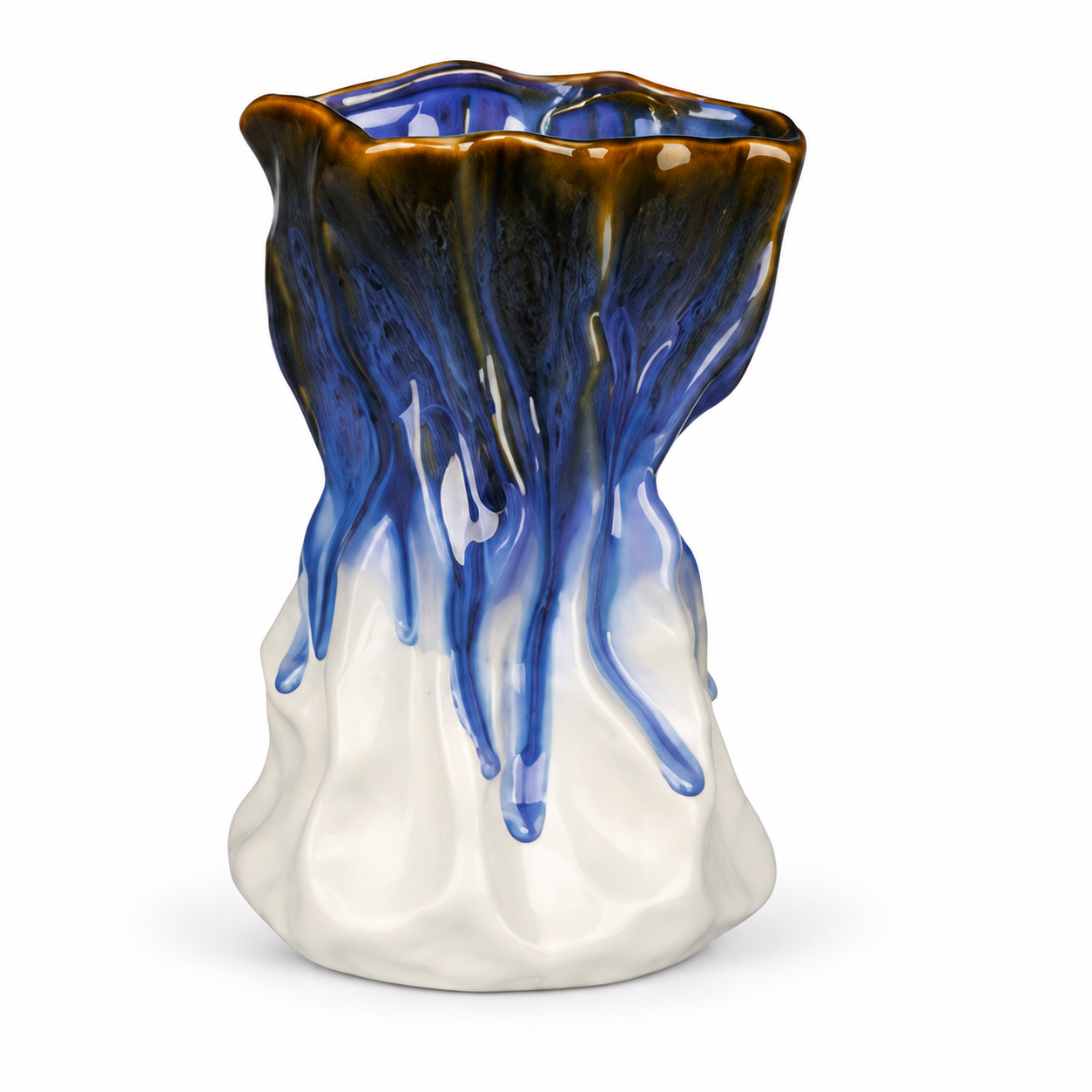 Sculptural Blue Drip Ceramic Floral Vessel