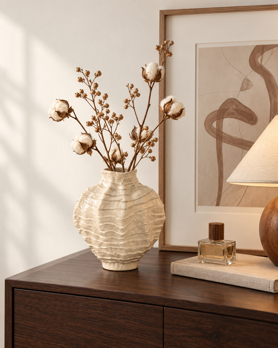 Warm minimal interior with sculptural ceramic floral vessels – LH Homecraft