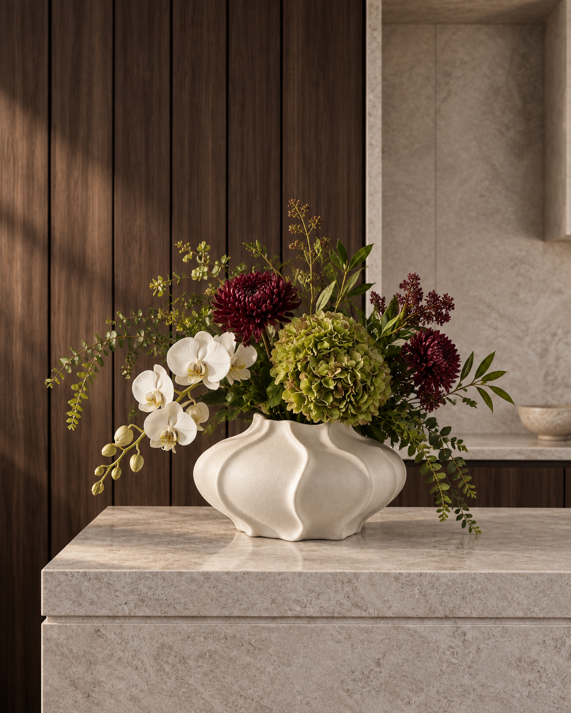 Dark luxury interior with sculptural ceramic floral vessels – LH Homecraft