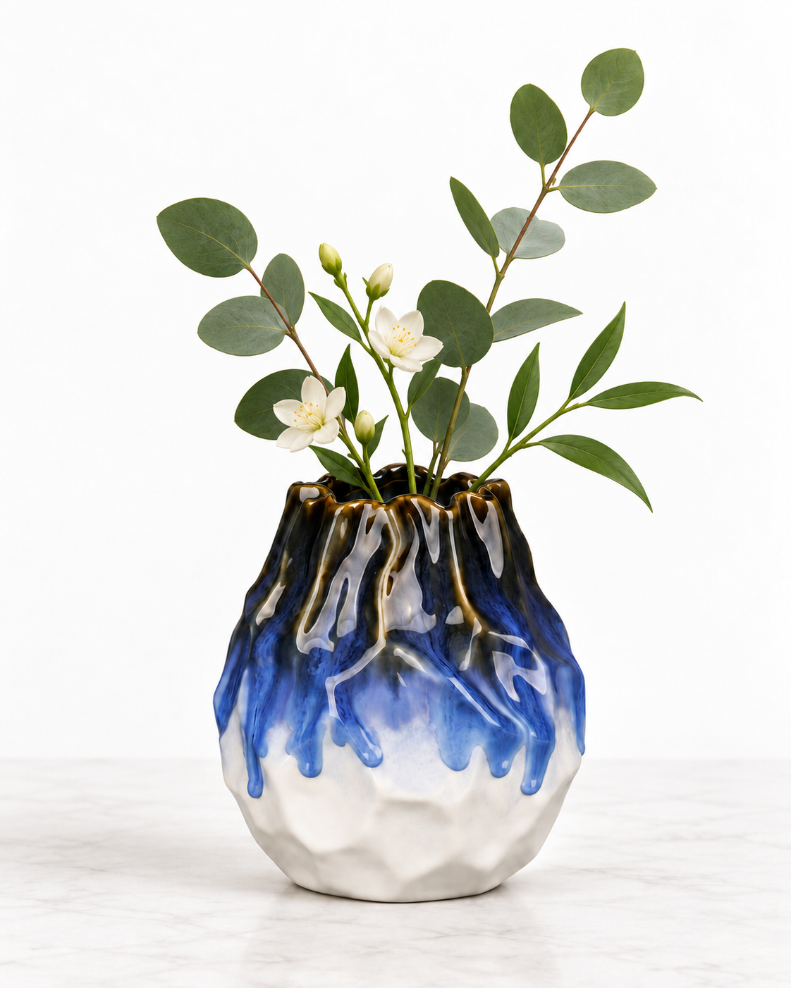 Organic Blue Drip Ceramic Floral Vessel with simple botanicals on white &ndash; ATW-S252313-A