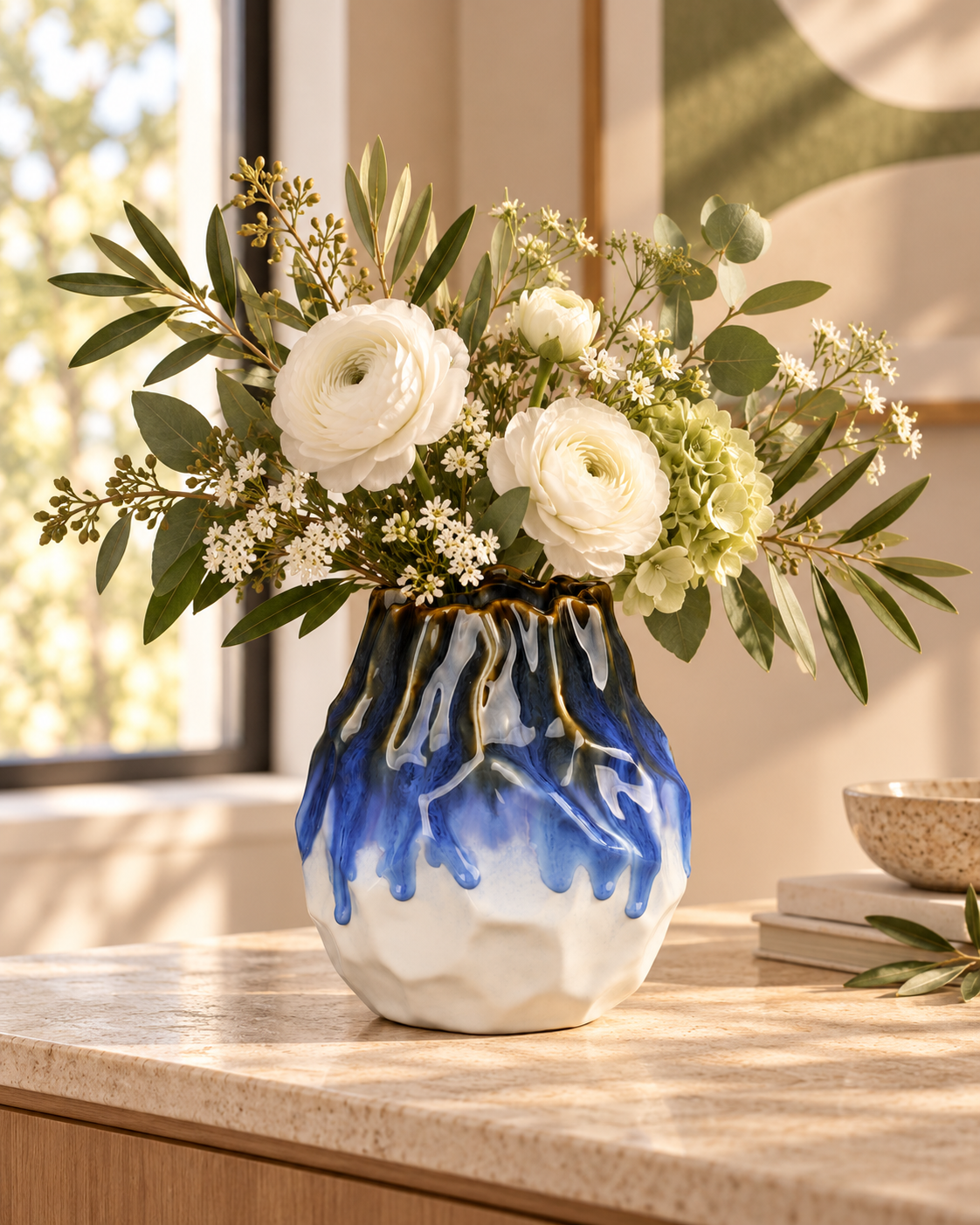 Organic Blue Drip Ceramic Floral Vessel – ATW-S252313-A – LH Homecraft