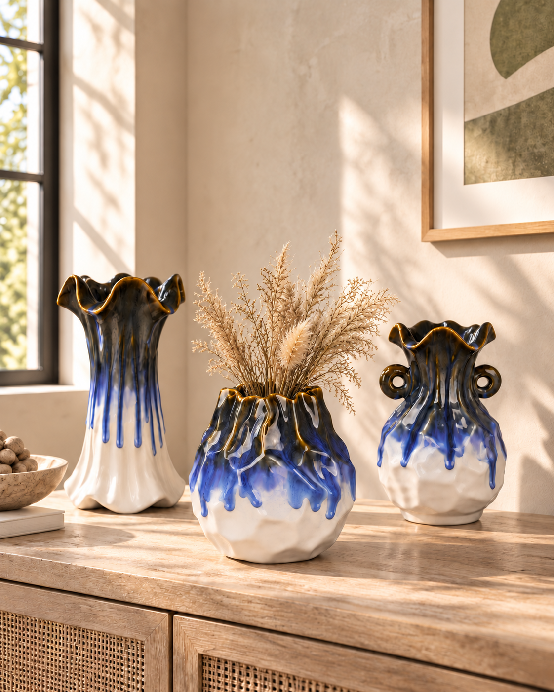 Organic Blue Drip Ceramic Floral Vessel