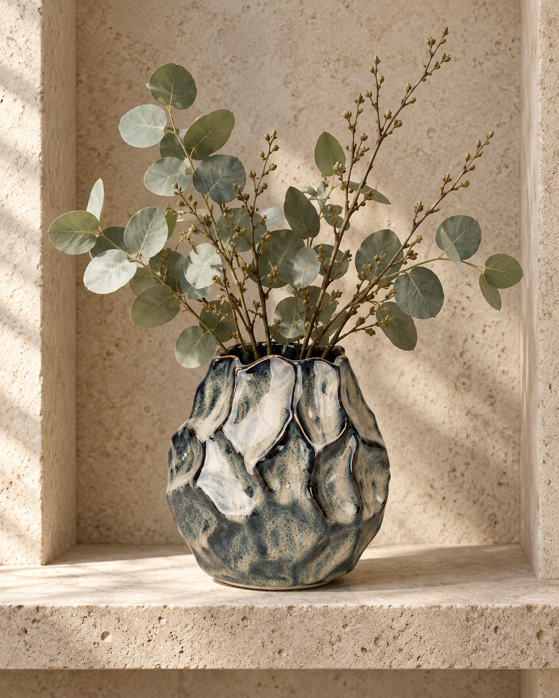 Organic Charcoal Rock-Texture Ceramic Floral Vessel