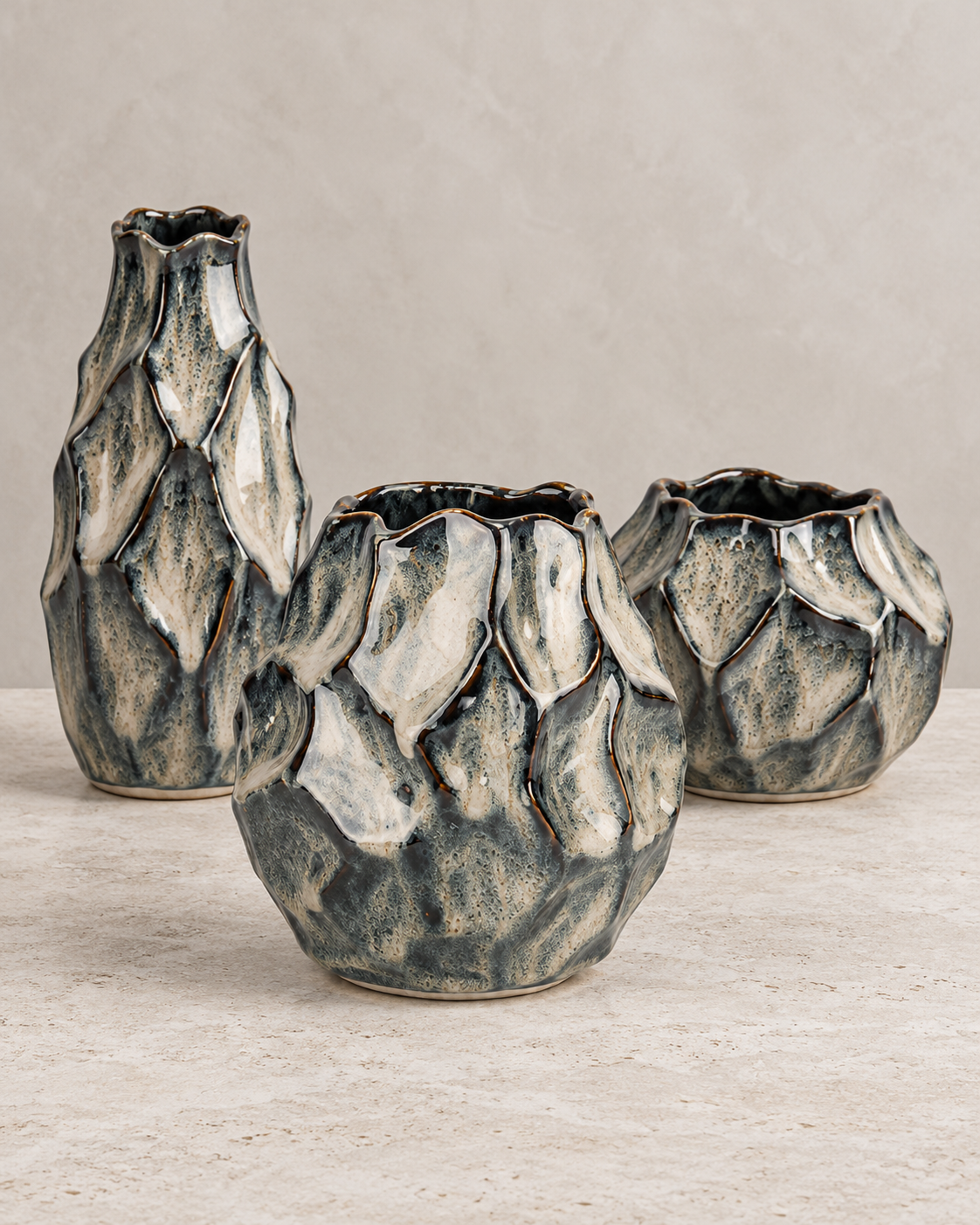 Organic Charcoal Rock-Texture Ceramic Floral Vessel